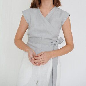 "Amelia" ice grey sleeveless linen wrap top